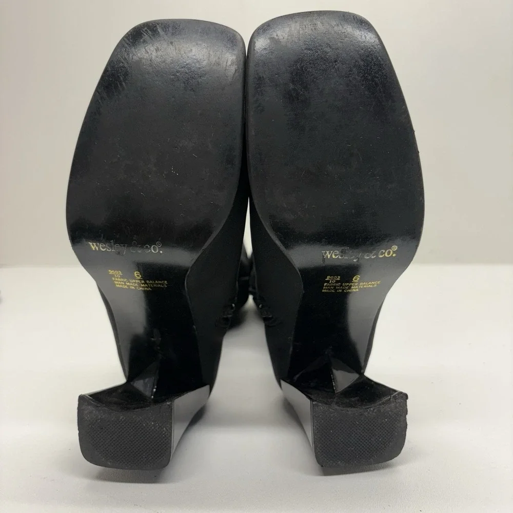 Wesley & Co Vintage 90s Y2K Black Sock Boots Knee High Square Toe Chunky Heel 6 - Picture 11 of 12
